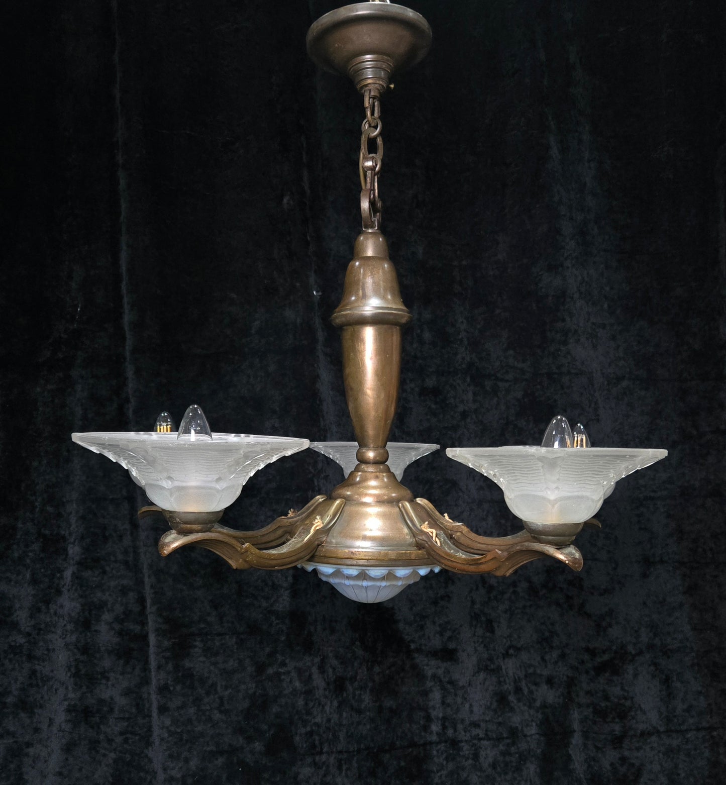 Large Antique French EZAN Art Deco 5 Arm 6 Light Brass Heavy Chandelier Light