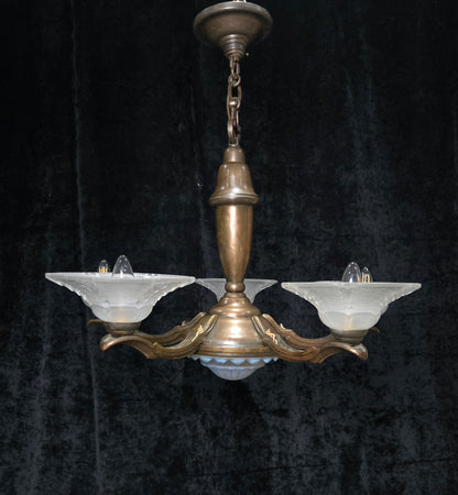Large Antique French EZAN Art Deco 5 Arm 6 Light Brass Heavy Chandelier Light