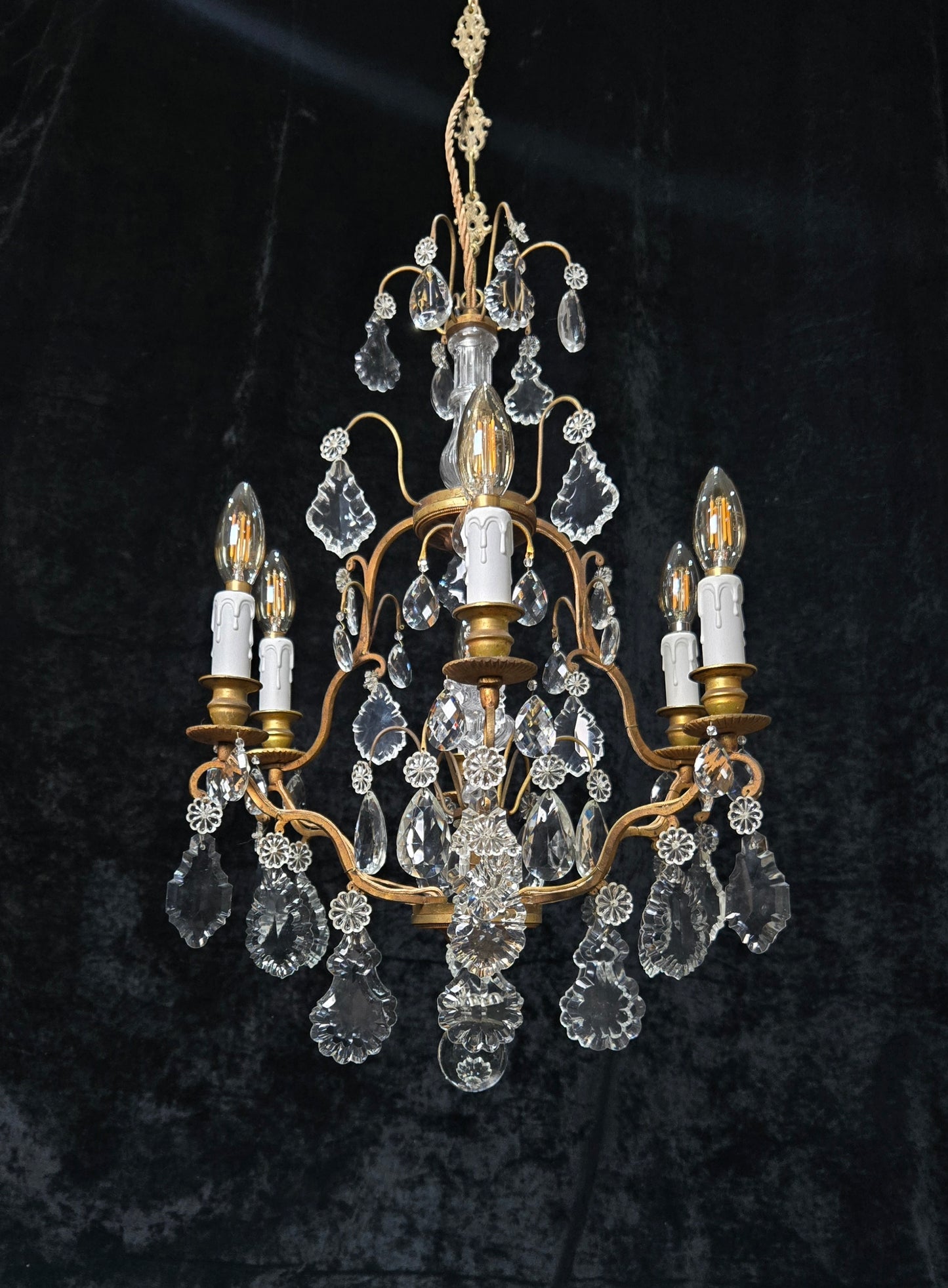Stunning Antique French 6 Arm Cage Bronze Crystal Chandelier Ceiling Light
