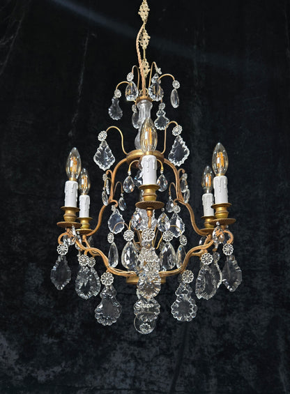 Stunning Antique French 6 Arm Cage Bronze Crystal Chandelier Ceiling Light