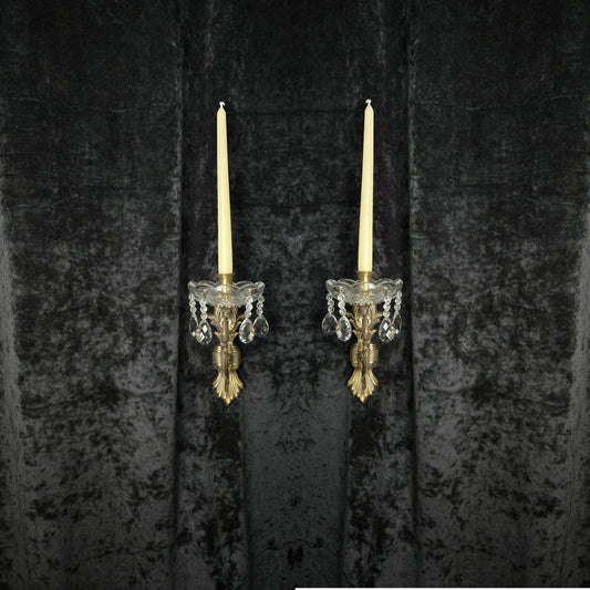 Decorative Pair Vintage Italian Brass 1 Arm Crystal Candle Wall Lights Sconces