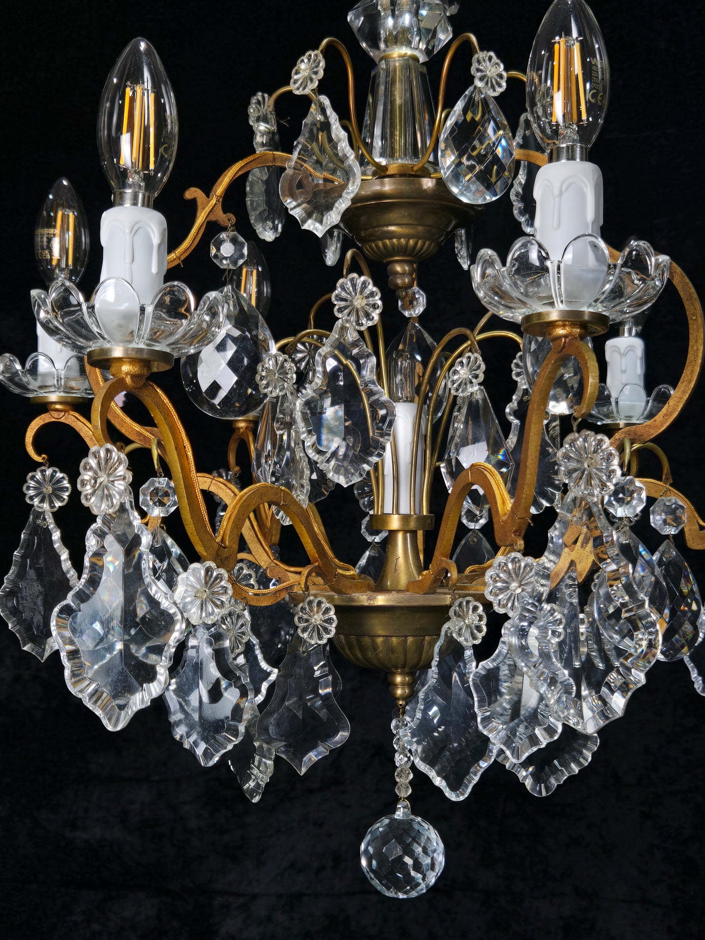 Gorgeous Antique French 6 Arm 7 Light Brass Bronze Cage Crystal Chandelier Light