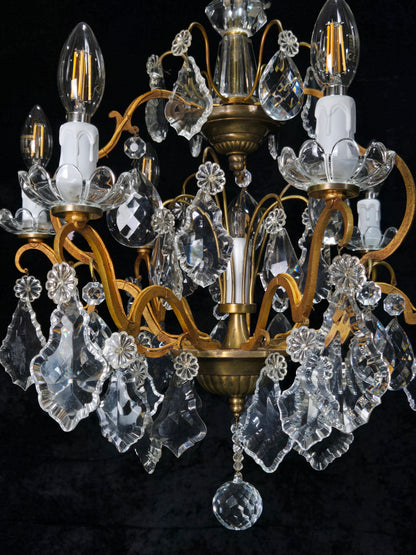 Gorgeous Antique French 6 Arm 7 Light Brass Bronze Cage Crystal Chandelier Light