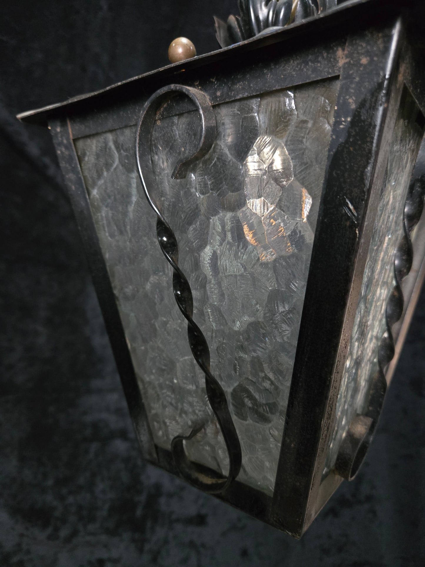 Lovely Vintage French Wrought Iron Gothic Patterned Glass Lantern Light