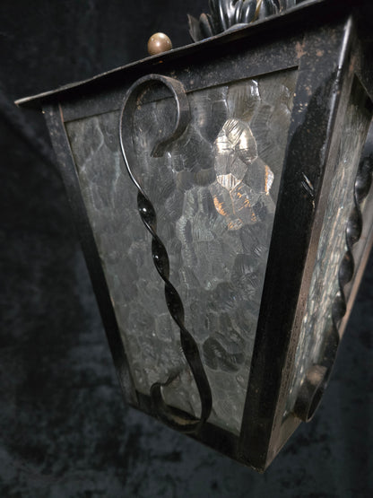 Lovely Vintage French Wrought Iron Gothic Patterned Glass Lantern Light