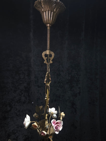 Fabulous Vintage Italian 6 Arm Brass Florentine Flower Roses Chandelier Light