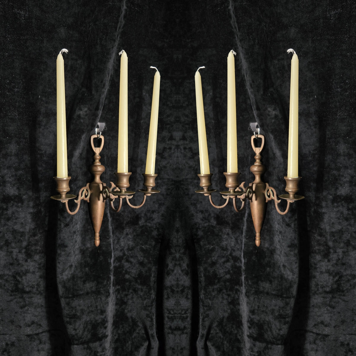Traditional Pair of Antique 3 Arm Brass Flemish Candle Wall Lights Sconces