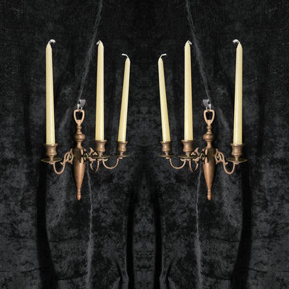 Traditional Pair of Antique 3 Arm Brass Flemish Candle Wall Lights Sconces