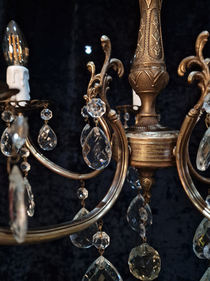 Beautiful Vintage French 5 Arm Brass and Crystal Chandelier Ceiling Light