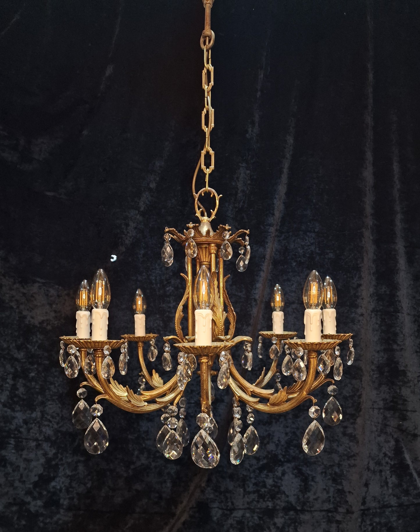 Stunning Heavy Large Antique Vintage French Brass Crystal 8 Arm Chandelier Light