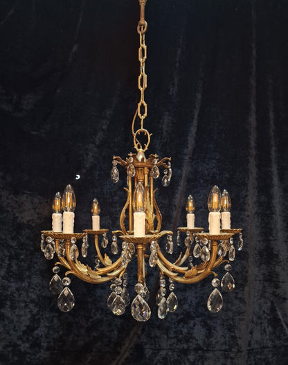Stunning Heavy Large Antique Vintage French Brass Crystal 8 Arm Chandelier Light