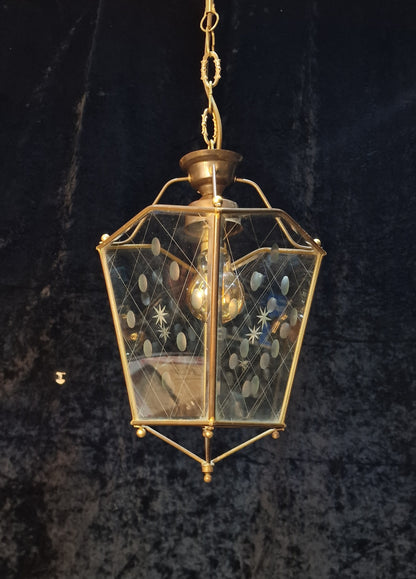 Classical Vintage French 1 Light Brass Bevelled Cut Glass Lantern Ceiling Light