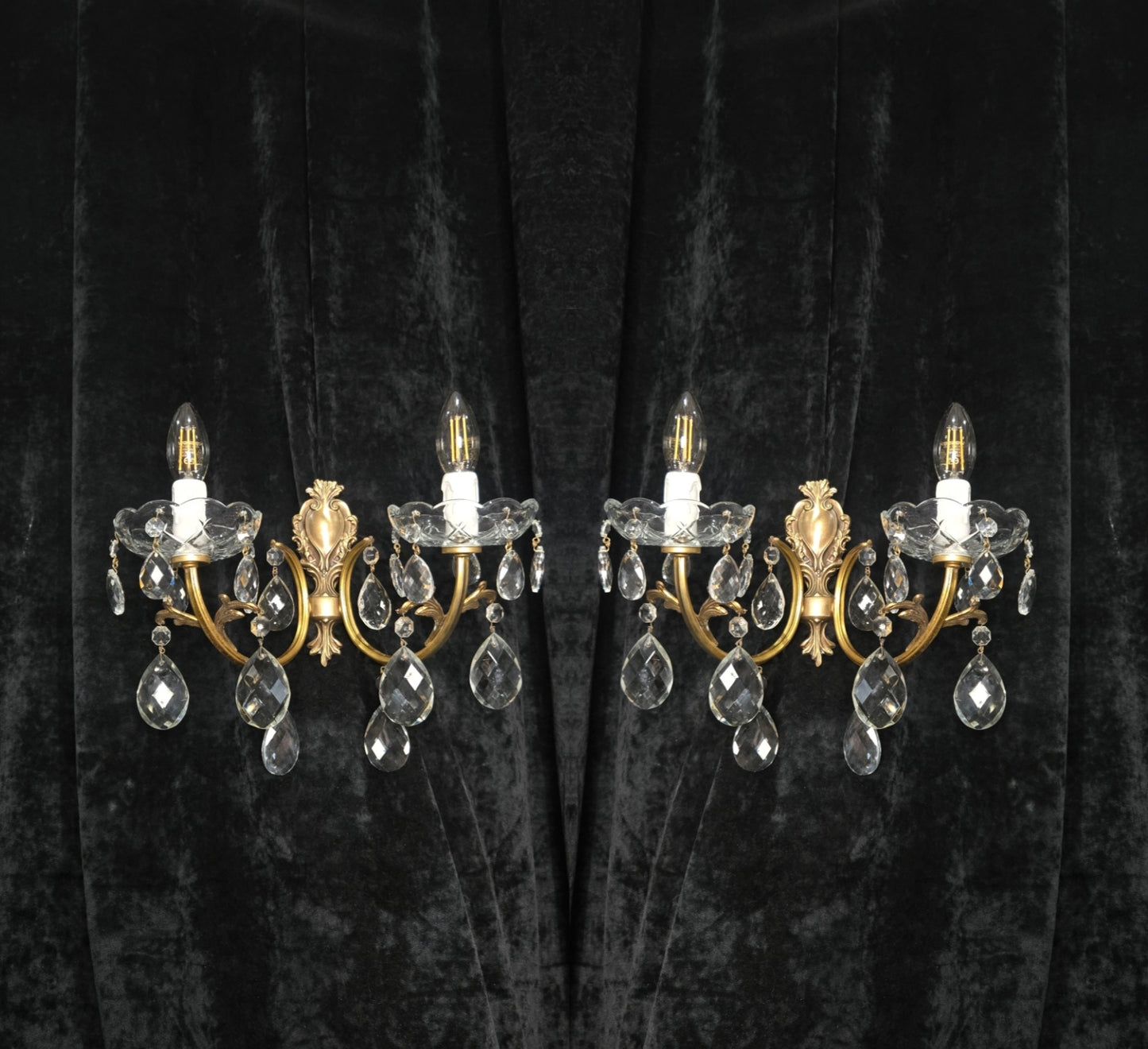 Lovely Pair of Vintage French 2 Arm Brass Leaf Crystal Wall Lights Sconces