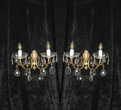 Lovely Pair of Vintage French 2 Arm Brass Leaf Crystal Wall Lights Sconces