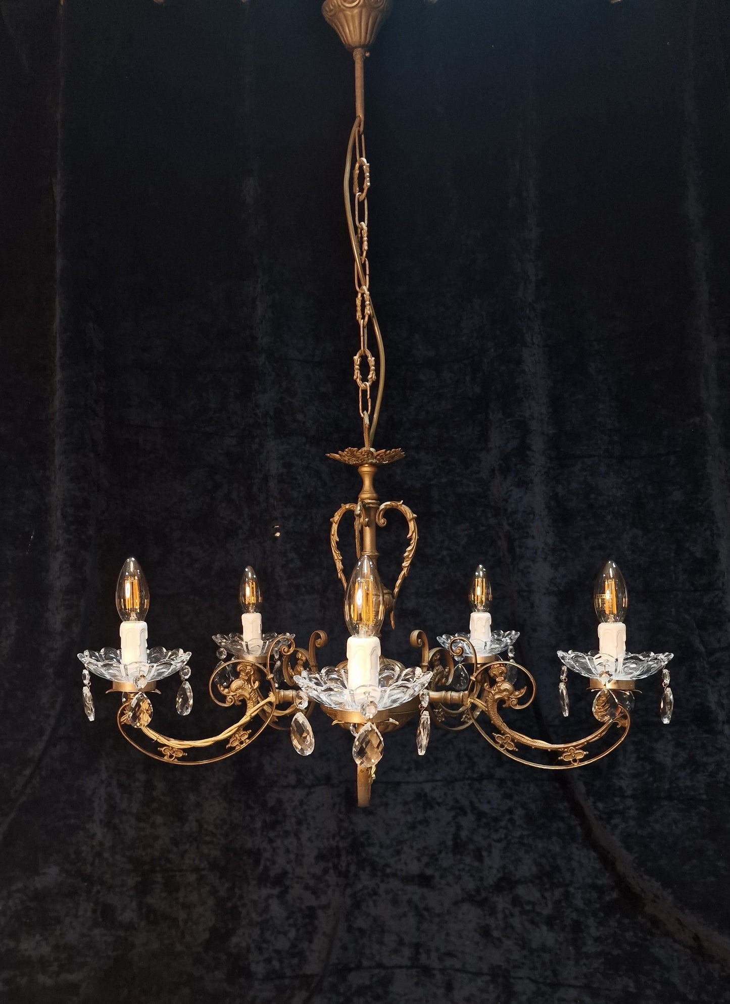 Beautiful 5 Arm Vintage Italian Brass and Crystal Dolphin Chandelier Light