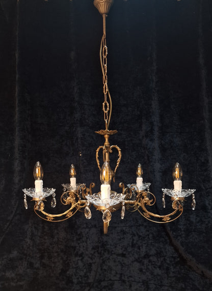 Beautiful 5 Arm Vintage Italian Brass and Crystal Dolphin Chandelier Light