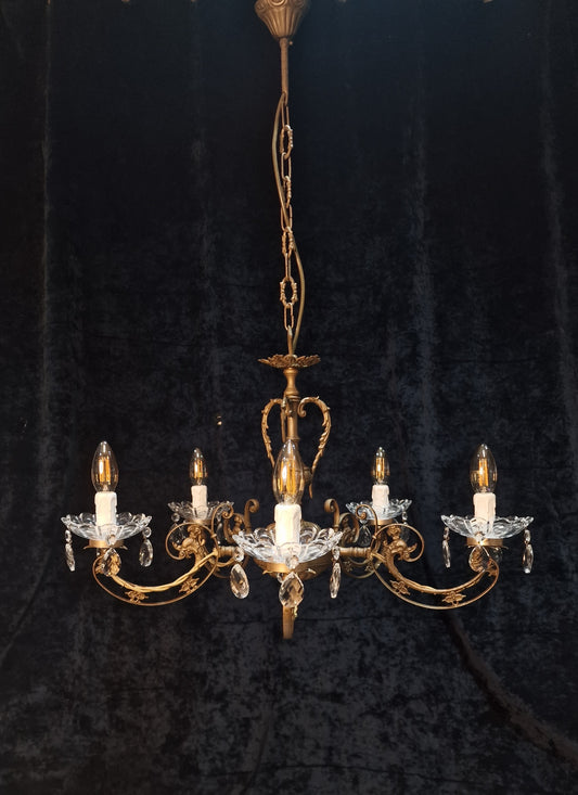 Beautiful 5 Arm Vintage Italian Brass and Crystal Dolphin Chandelier Light
