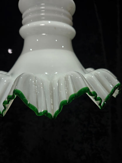 Fabulous Antique French Large Opaline Glass Shade Green Edging Brass Light