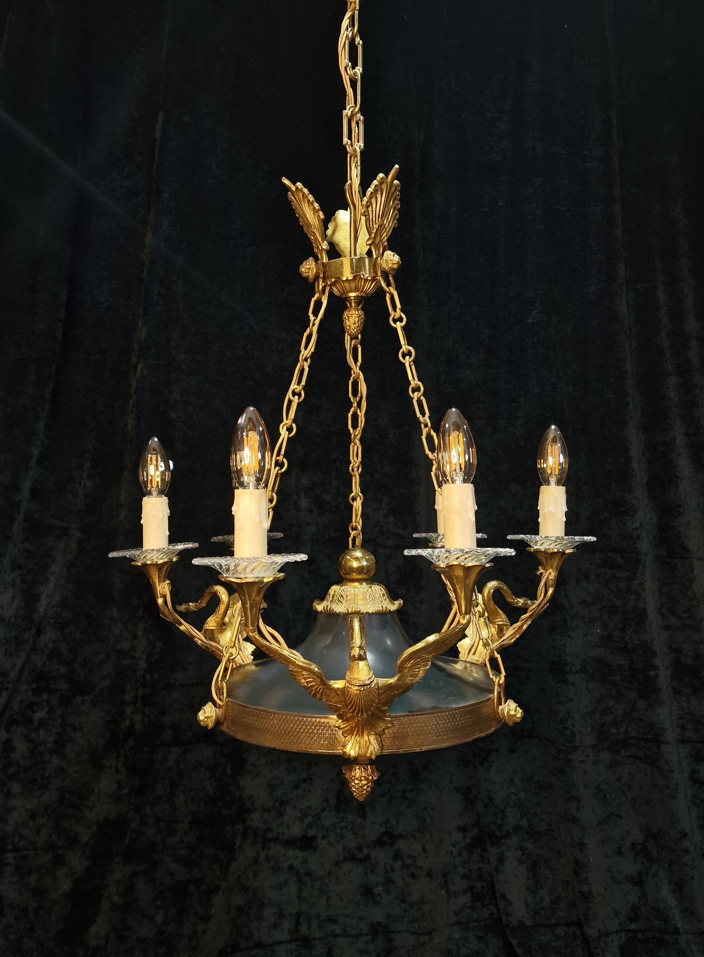 Stately Heavy Vintage French 6 Light Brass Empire Swans Lionheads Chandelier