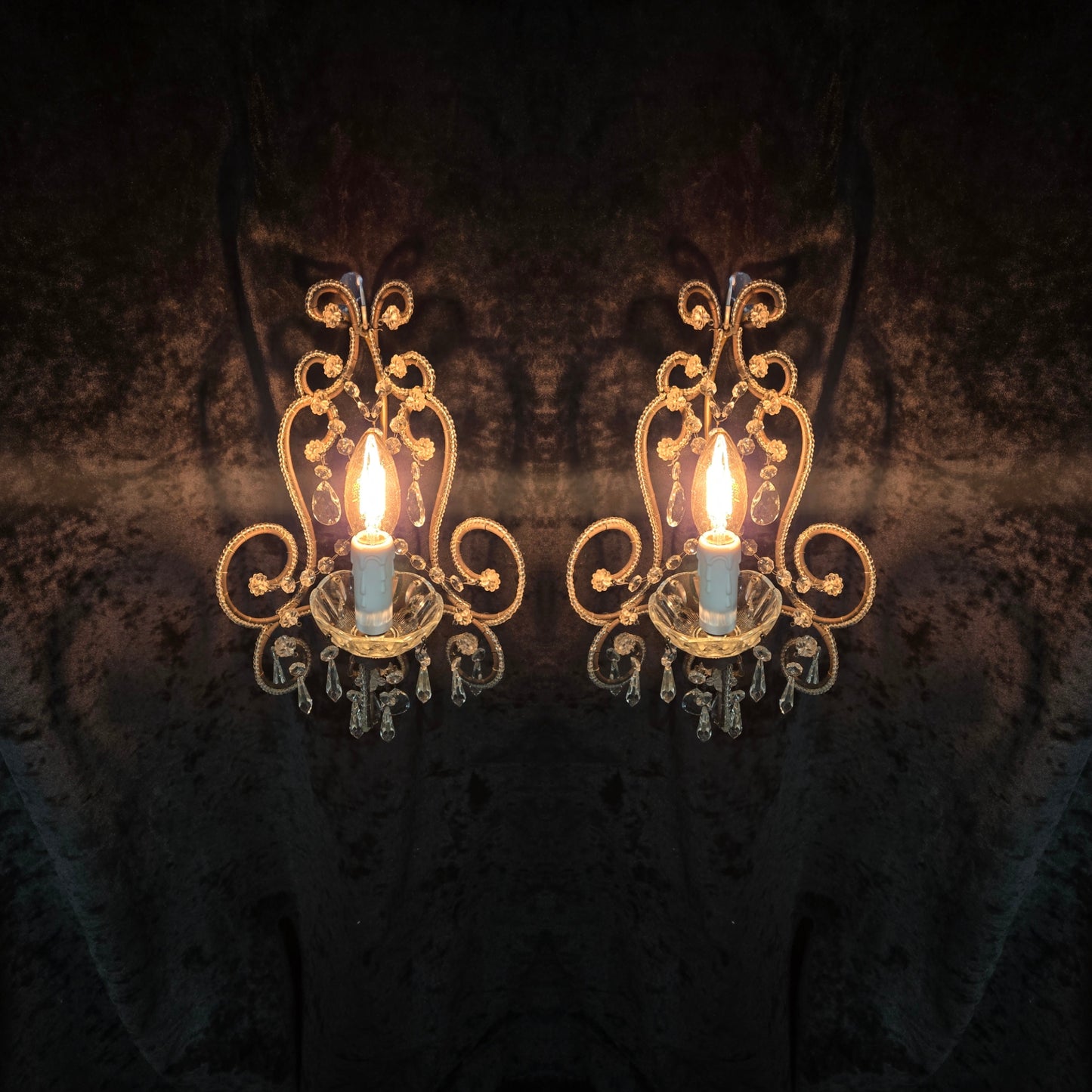 Elegant Pair Vintage Italian Venetian Style Crystal Glass and Iron Wall Lights