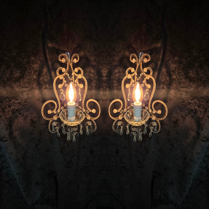 Elegant Pair Vintage Italian Venetian Style Crystal Glass and Iron Wall Lights