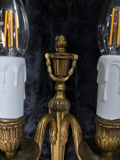 Traditional Pair Vintage French Empire Style 2 Arm Brass Electric Sconces Lights