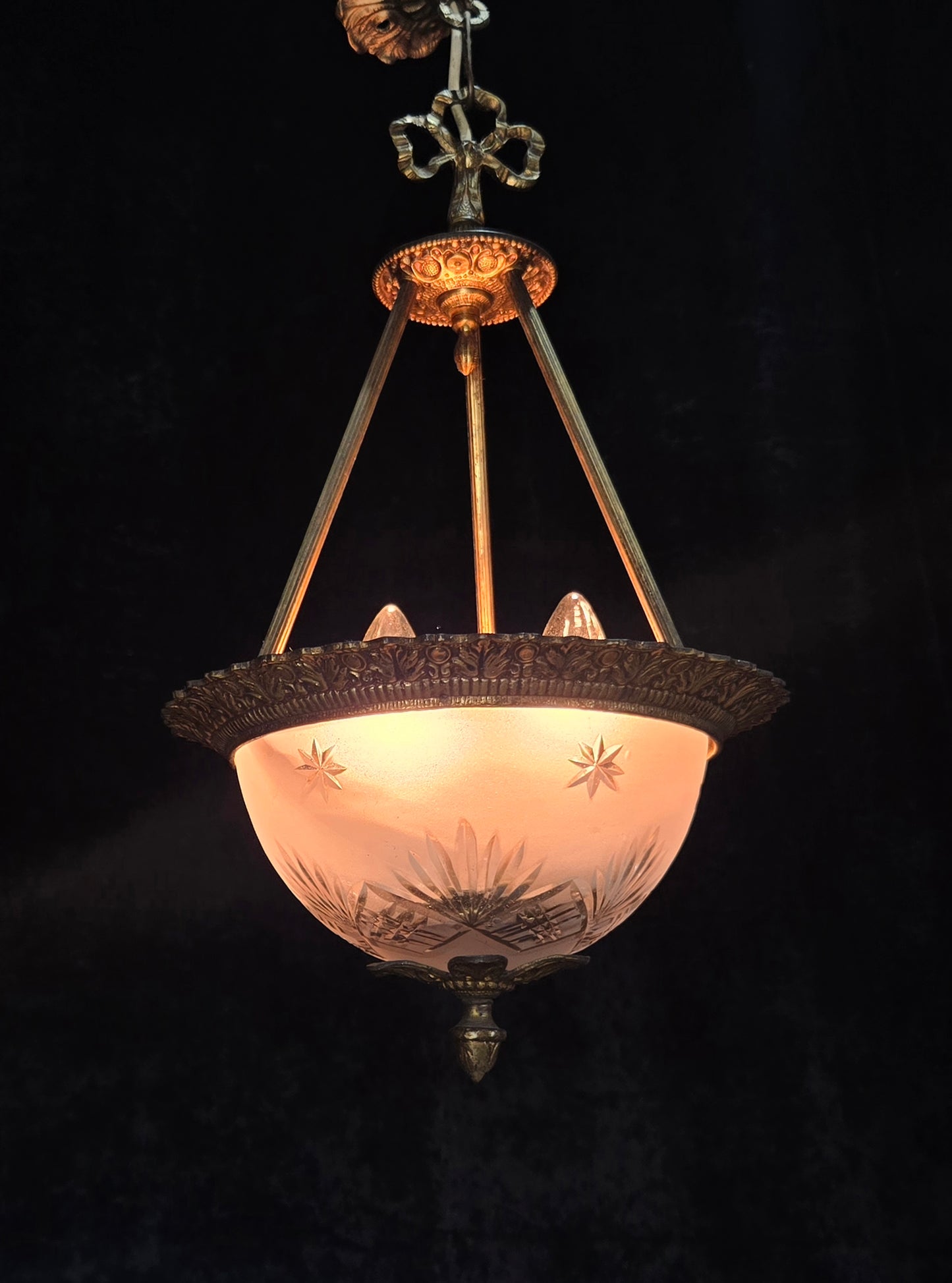 Lovely Vintage Brass Cut Glass Starburst 2 Light Spanish Lantern Chandelier