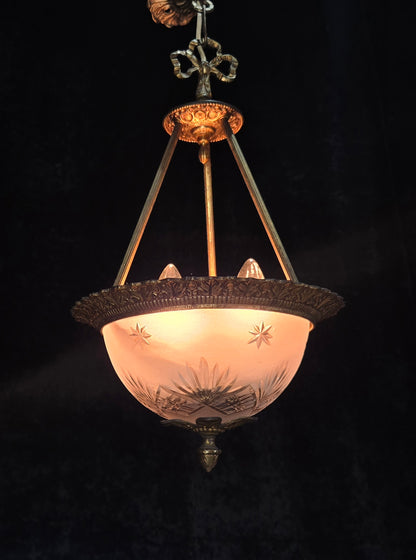 Lovely Vintage Brass Cut Glass Starburst 2 Light Spanish Lantern Chandelier