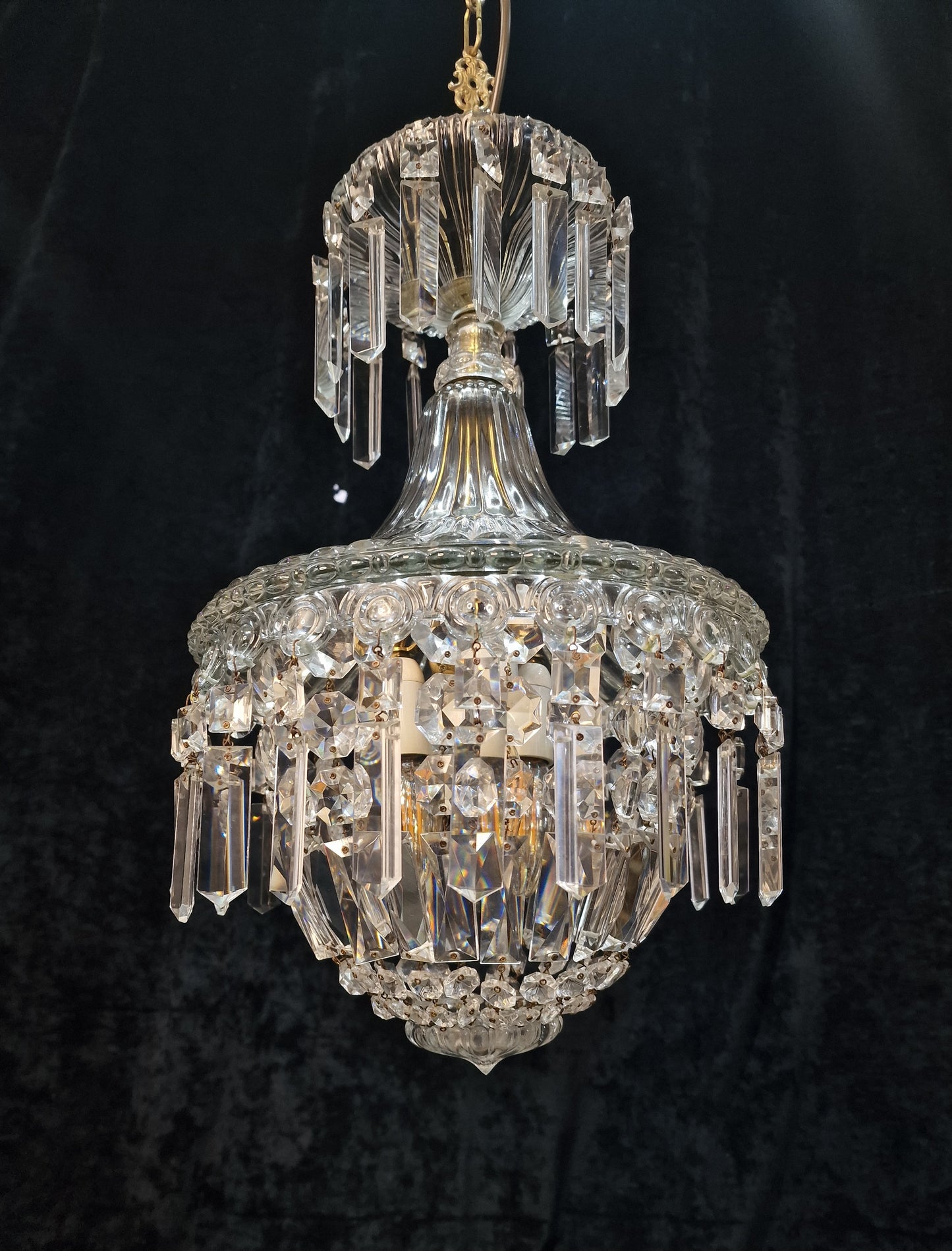 Stunning Heavy Antique French 3 Light Montgolfiere Crystal Brass Chandelier