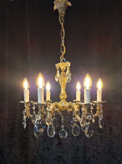 Beautiful Heavy Antique French Bronze Nickel Plated Crystal 6 Arm Chandelier