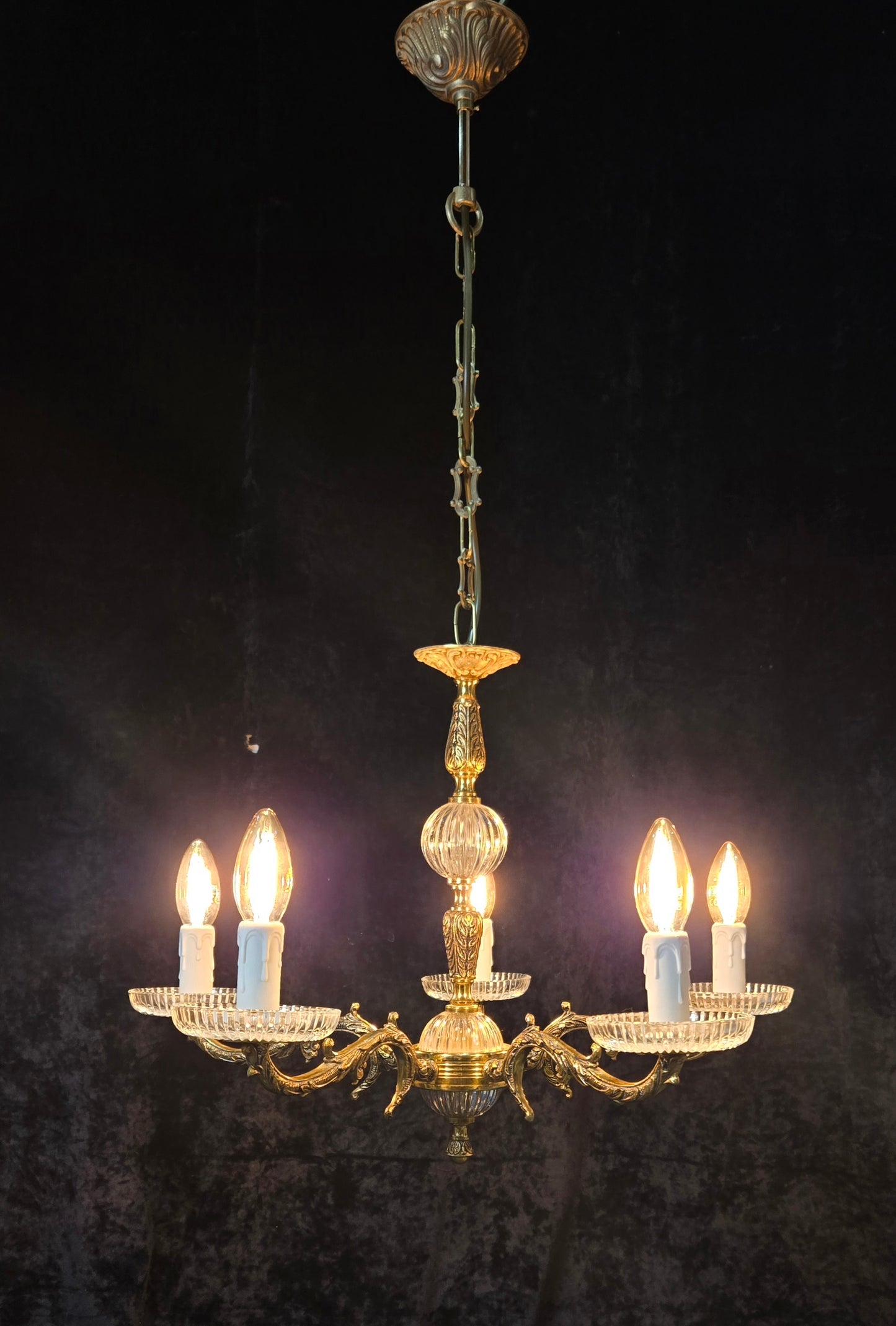Classical Vintage 5 Arm Brass and Glass Chandelier Ceiling Light