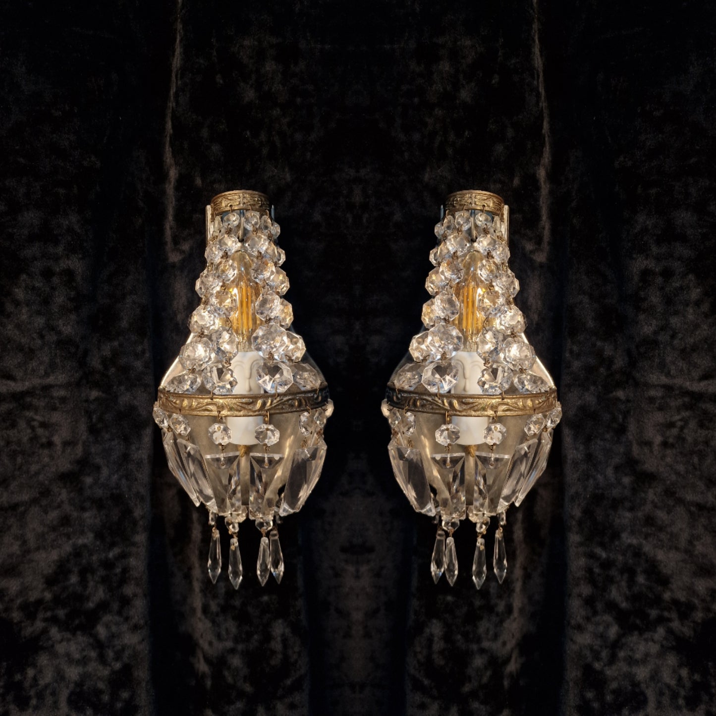 Stunning Pair of Vintage French Brass Crystal Montgolfiere Sconces Wall Lights