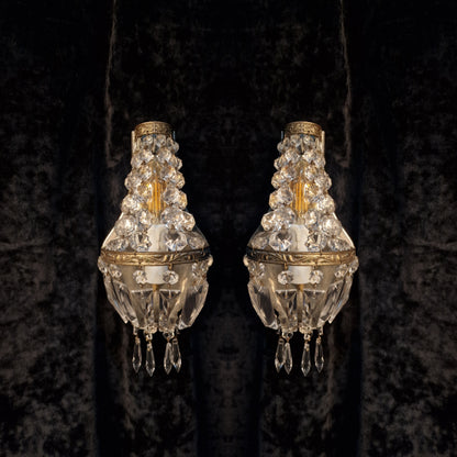 Stunning Pair of Vintage French Brass Crystal Montgolfiere Sconces Wall Lights