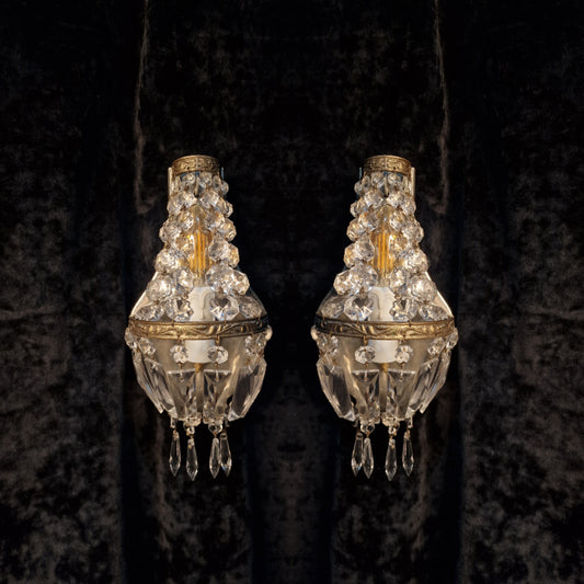 Stunning Pair of Vintage French Brass Crystal Montgolfiere Sconces Wall Lights