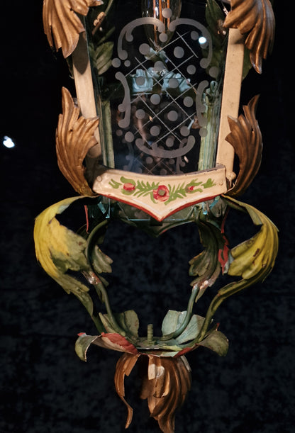 Florentine Vintage Italian Hand Painted Toleware Iron Lantern Ceiling Light