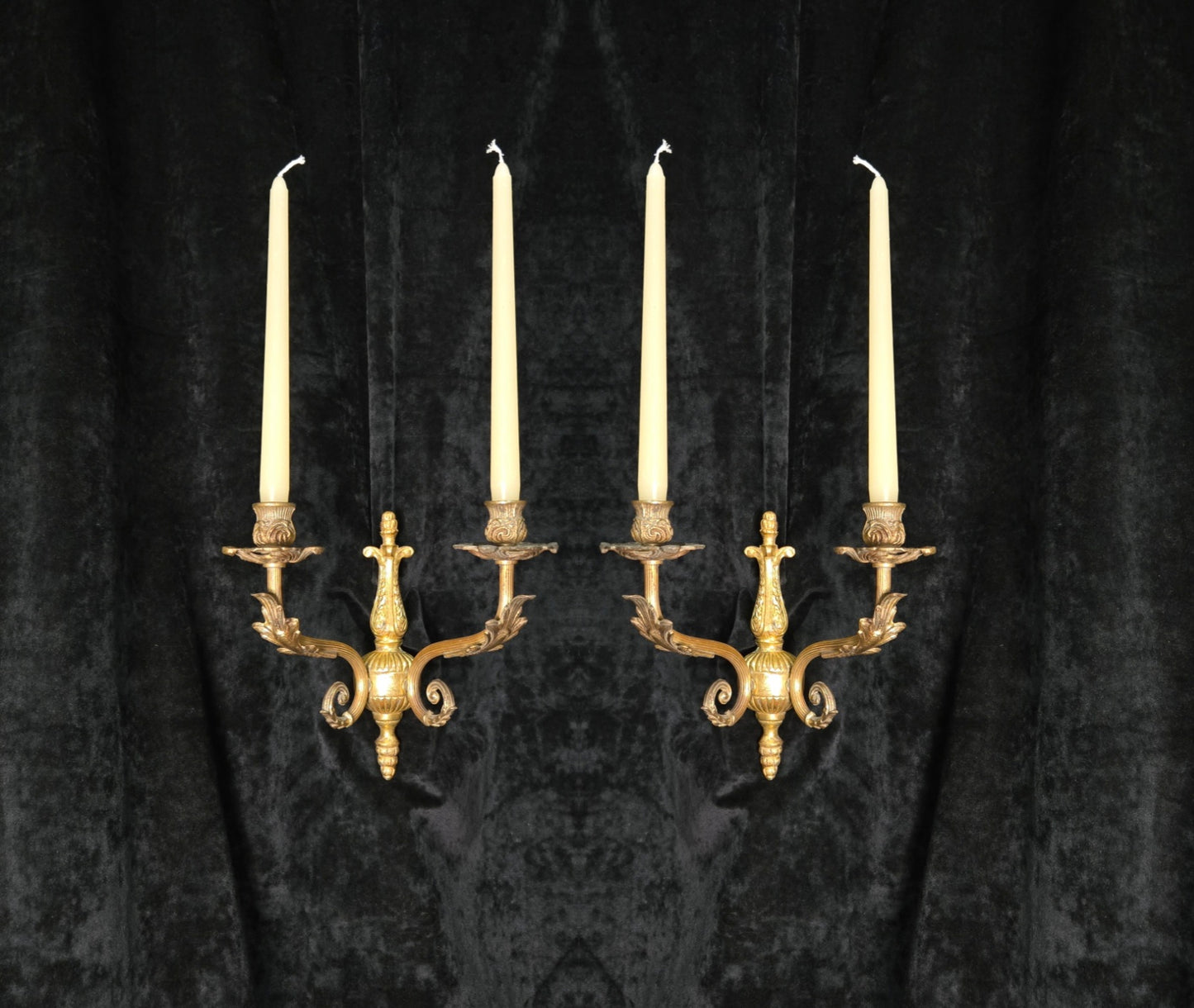 Decorative Pair of Antique French 2 Arm Solid Brass Candle Wall Lights Sconces