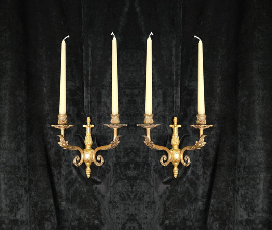 Decorative Pair of Antique French 2 Arm Solid Brass Candle Wall Lights Sconces