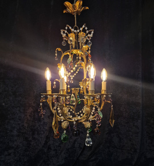 Fabulous Vintage Italian 6 Arm Caged Tole Murano Fruits Chandelier Light