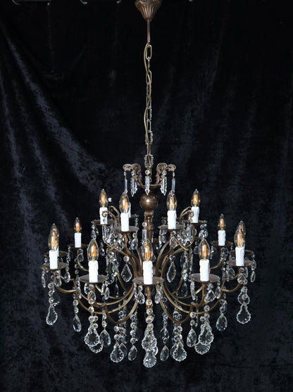Fabulous Large Vintage Italian 12 Arm 18 Light Brass Crystal Leaf Chandelier