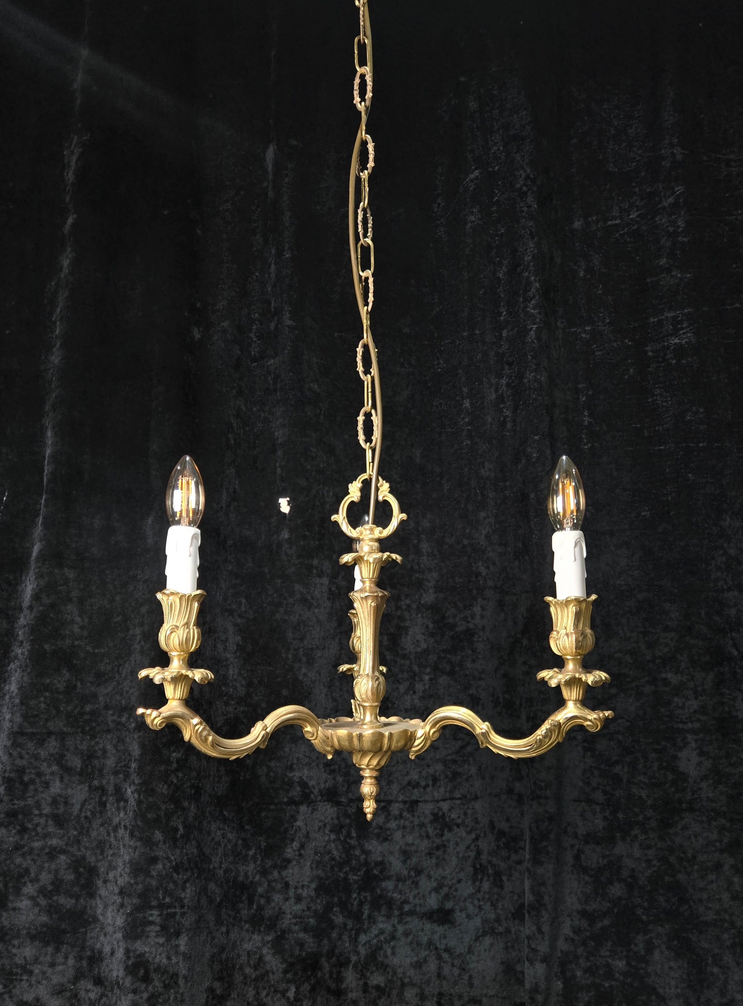 Traditional Antique French Solid Brass 3 Arm Rococo Style Chandelier Light