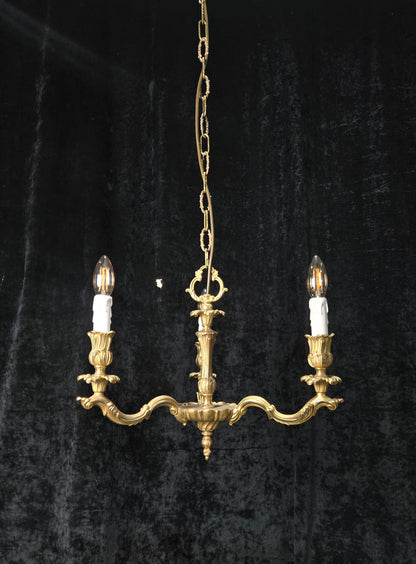 Traditional Antique French Solid Brass 3 Arm Rococo Style Chandelier Light