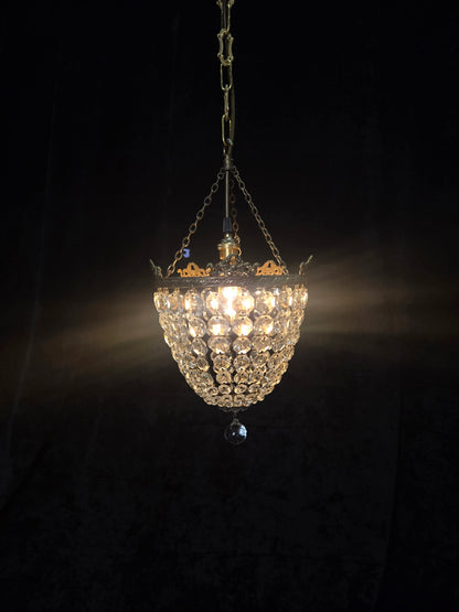 Beautiful Antique French Crystal Bag Brass and Bows Chandelier Ceiling Light