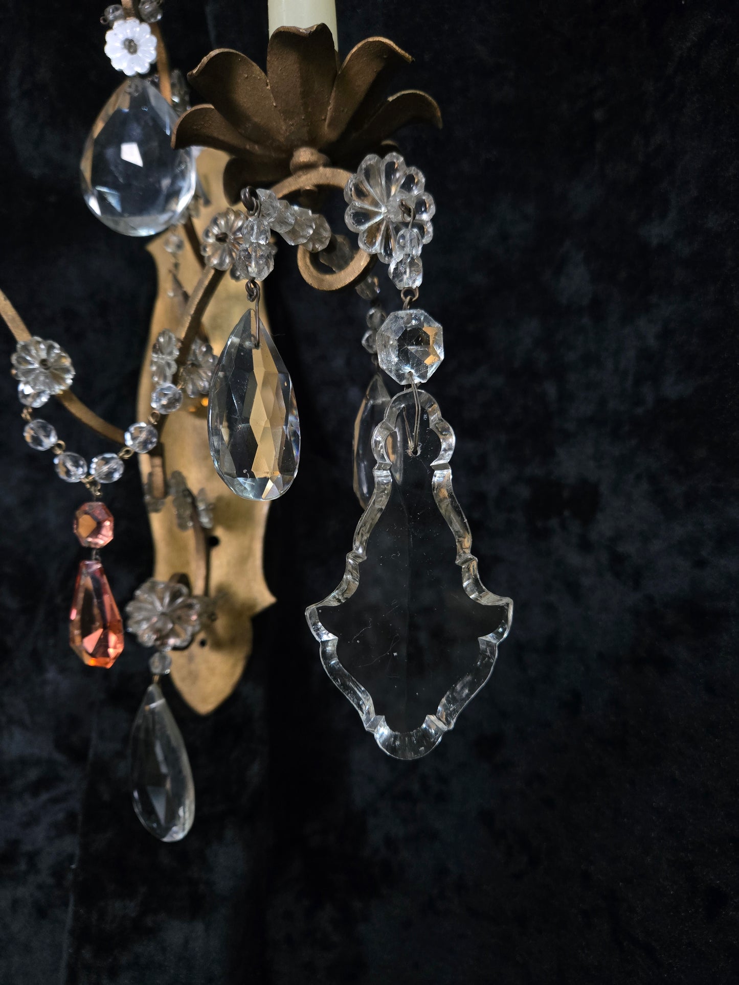Fabulous Pair Vintage Italian 2 Arm Gilded Wrought Iron Crystal Candle Sconces