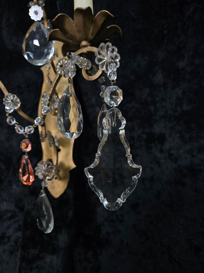 Fabulous Pair Vintage Italian 2 Arm Gilded Wrought Iron Crystal Candle Sconces