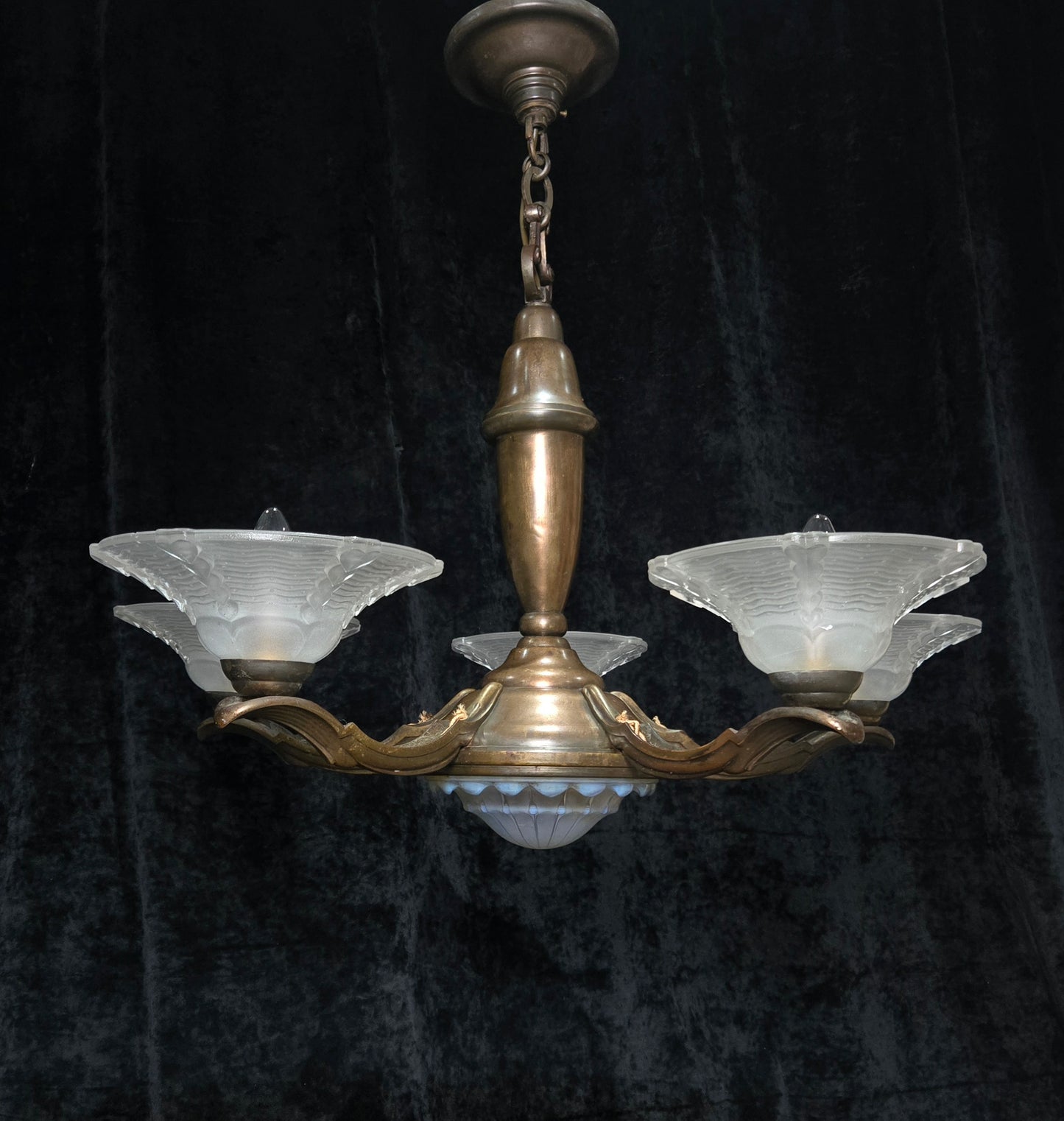 Large Antique French EZAN Art Deco 5 Arm 6 Light Brass Heavy Chandelier Light