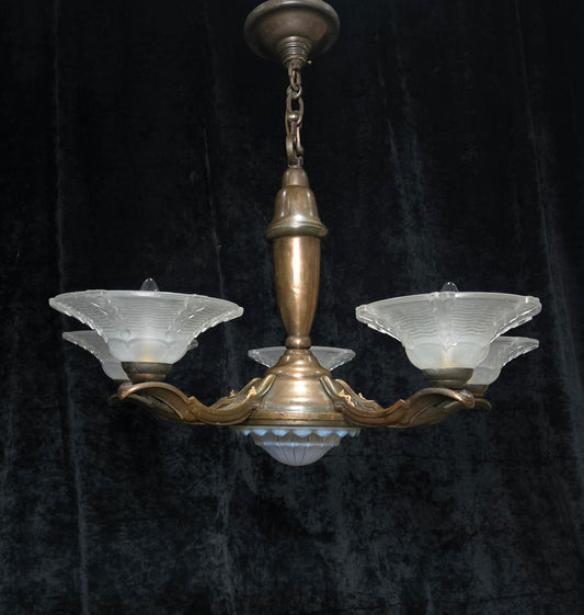 Large Antique French EZAN Art Deco 5 Arm 6 Light Brass Heavy Chandelier Light