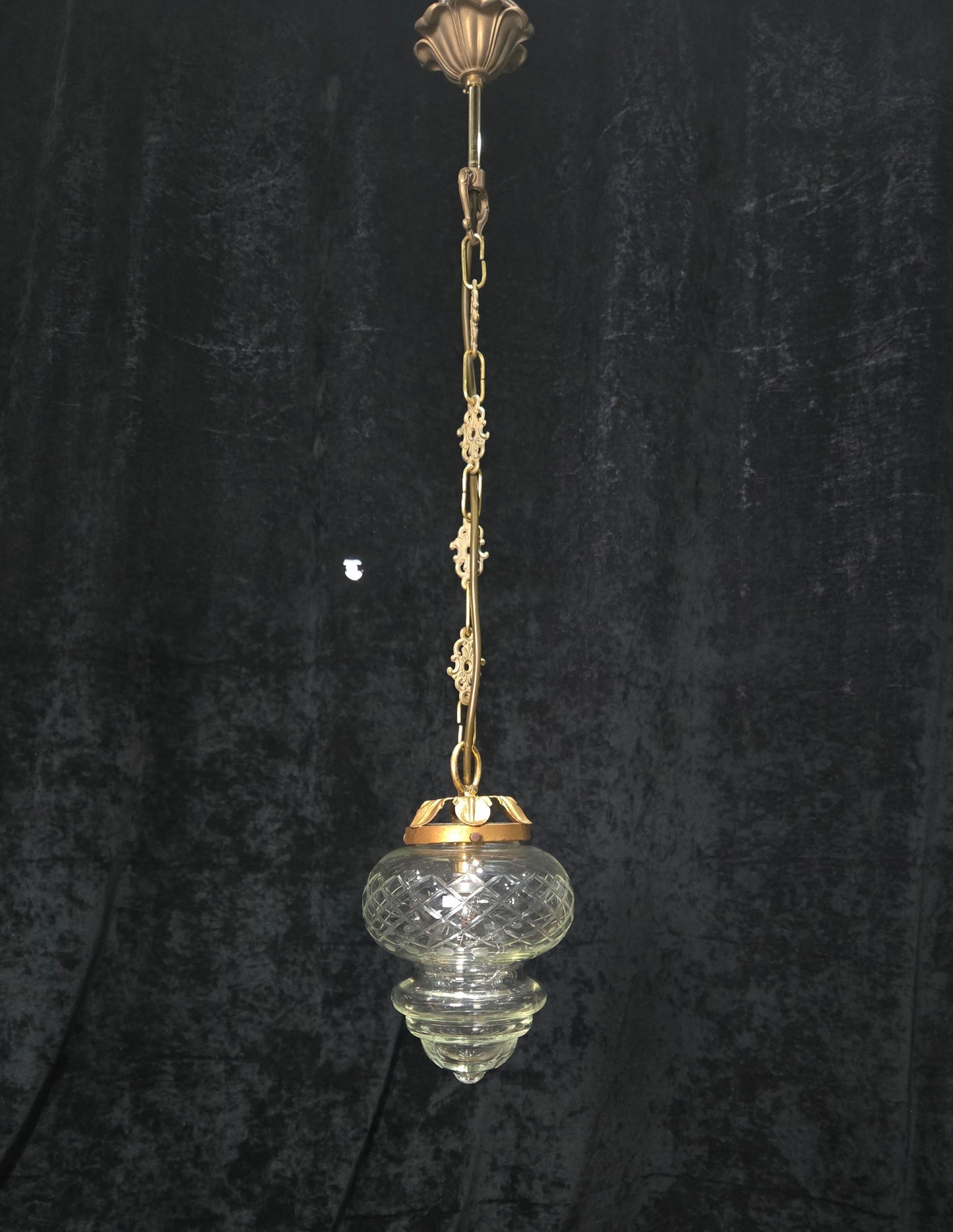 Lovely Vintage Clear Cut Glass Brass Hall Lantern Pendant Light