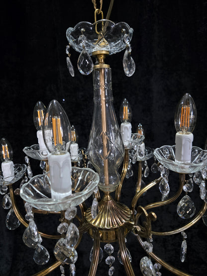 Classical Vintage Italian 8 Arm 12 Light Brass Crystal Chandelier Ceiling Light