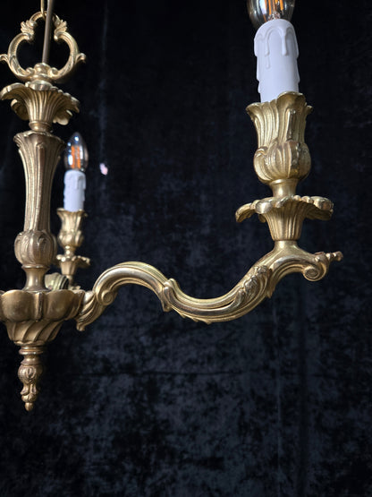Traditional Antique French Solid Brass 3 Arm Rococo Style Chandelier Light