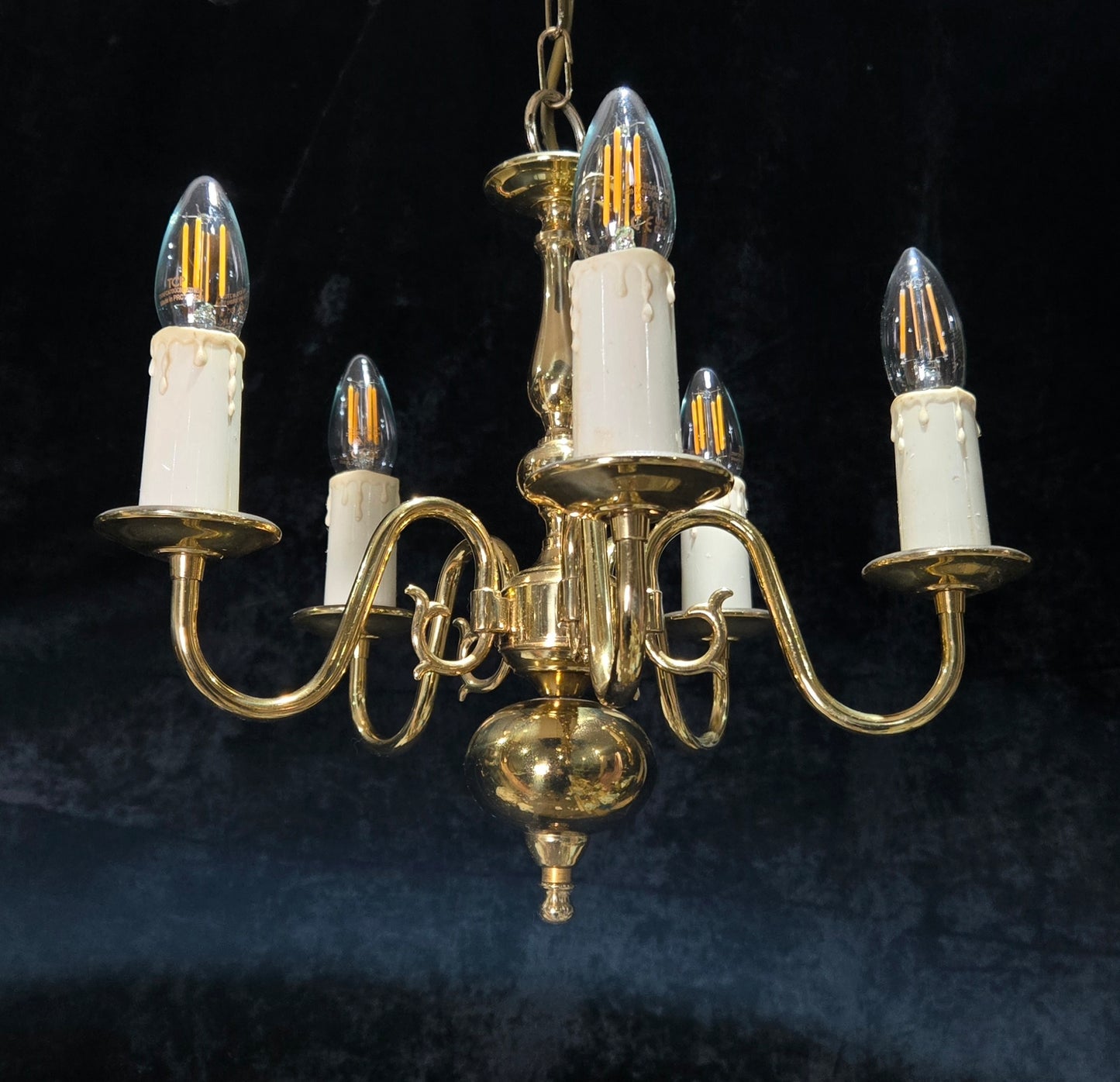 Classical Vintage Small 5 Arm Polished Brass Flemish Chandelier Ceiling Light